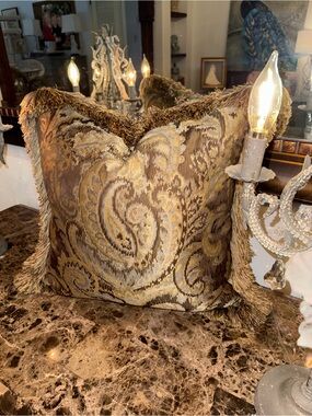 Decorative Fringe Pillow with down feather insert in Gold and Brown paisley.